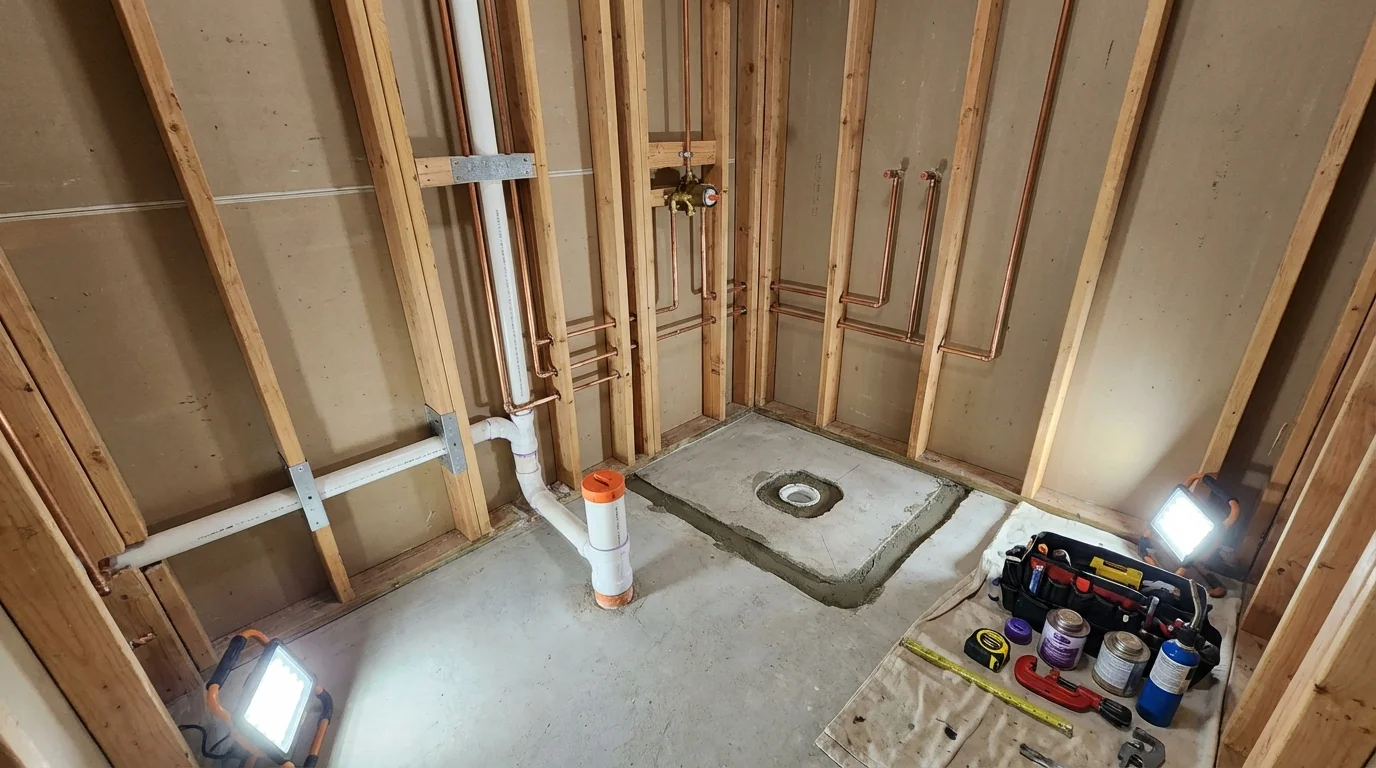Bathroom rough-in plumbing during remodel by Johns Plumbing LLC in Brady