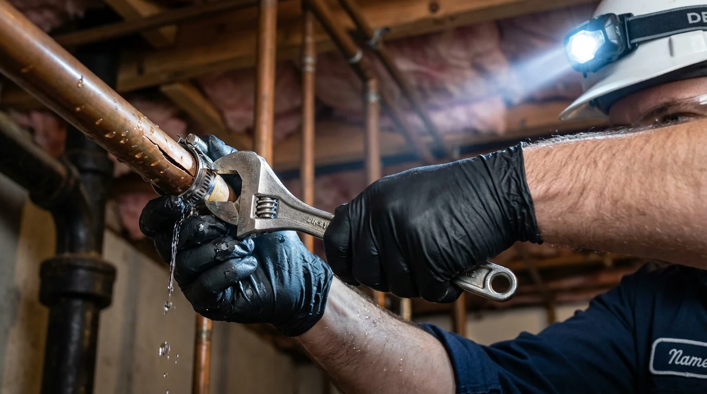 Emergency pipe clamp repair being performed by a Johns Plumbing LLC plumber in Brady