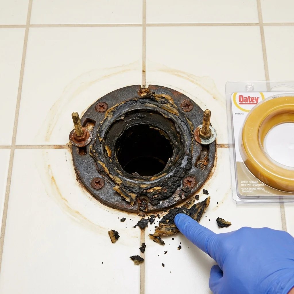 Failed wax ring showing water seepage at the base of a toilet in a Brady, TX home