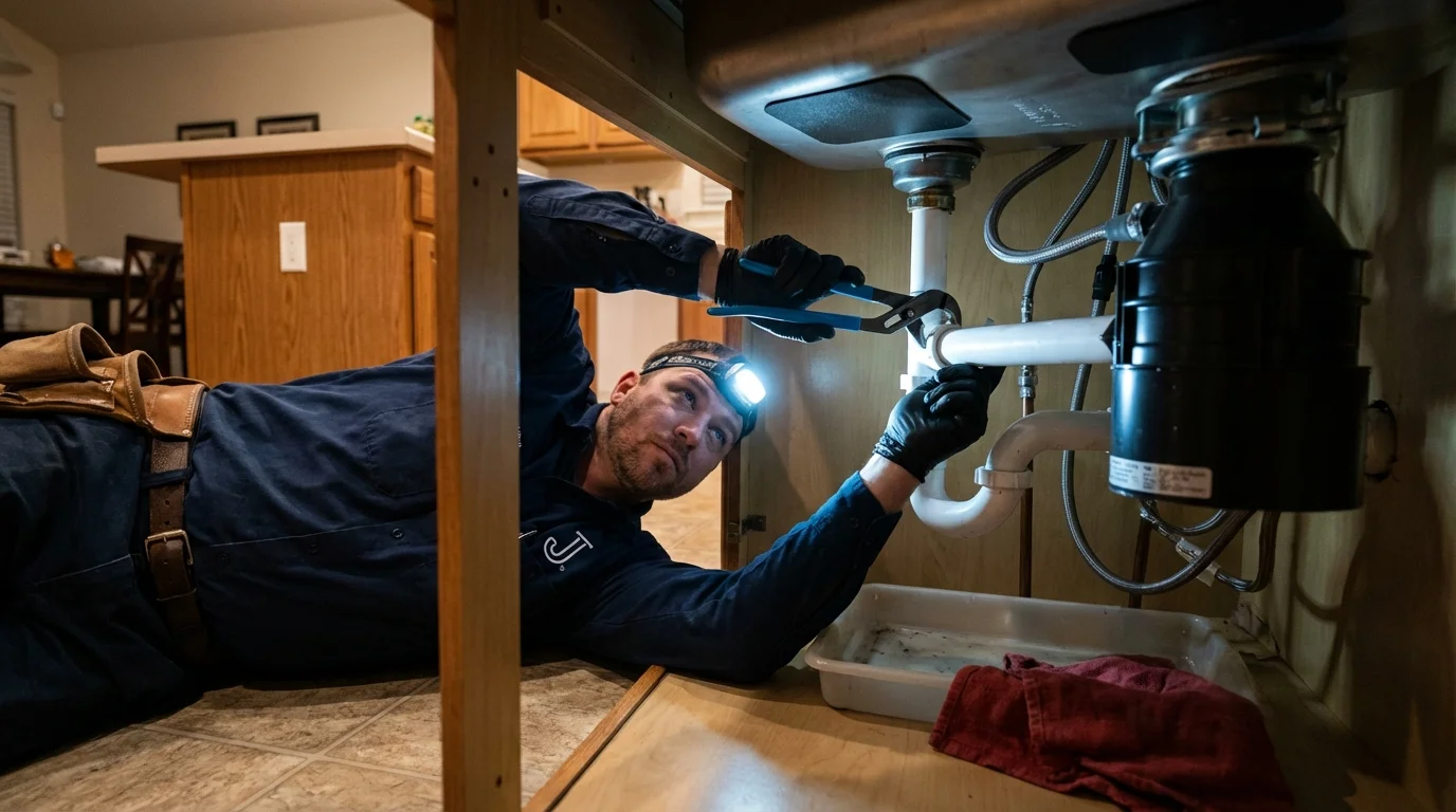 P-trap and supply line connections under a kitchen sink showing a common leak point in Brady, TX